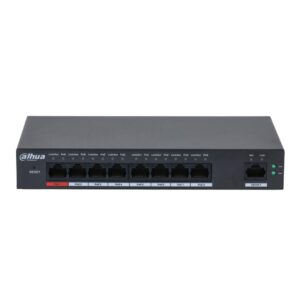 Ein schwarzer Netzwerk-PoE-Switch mit acht Ethernet-Ports für Power over Ethernet (PoE) und einem Uplink-Port, hergestellt von Dahua Technology, auf einem weißen Hintergrund.