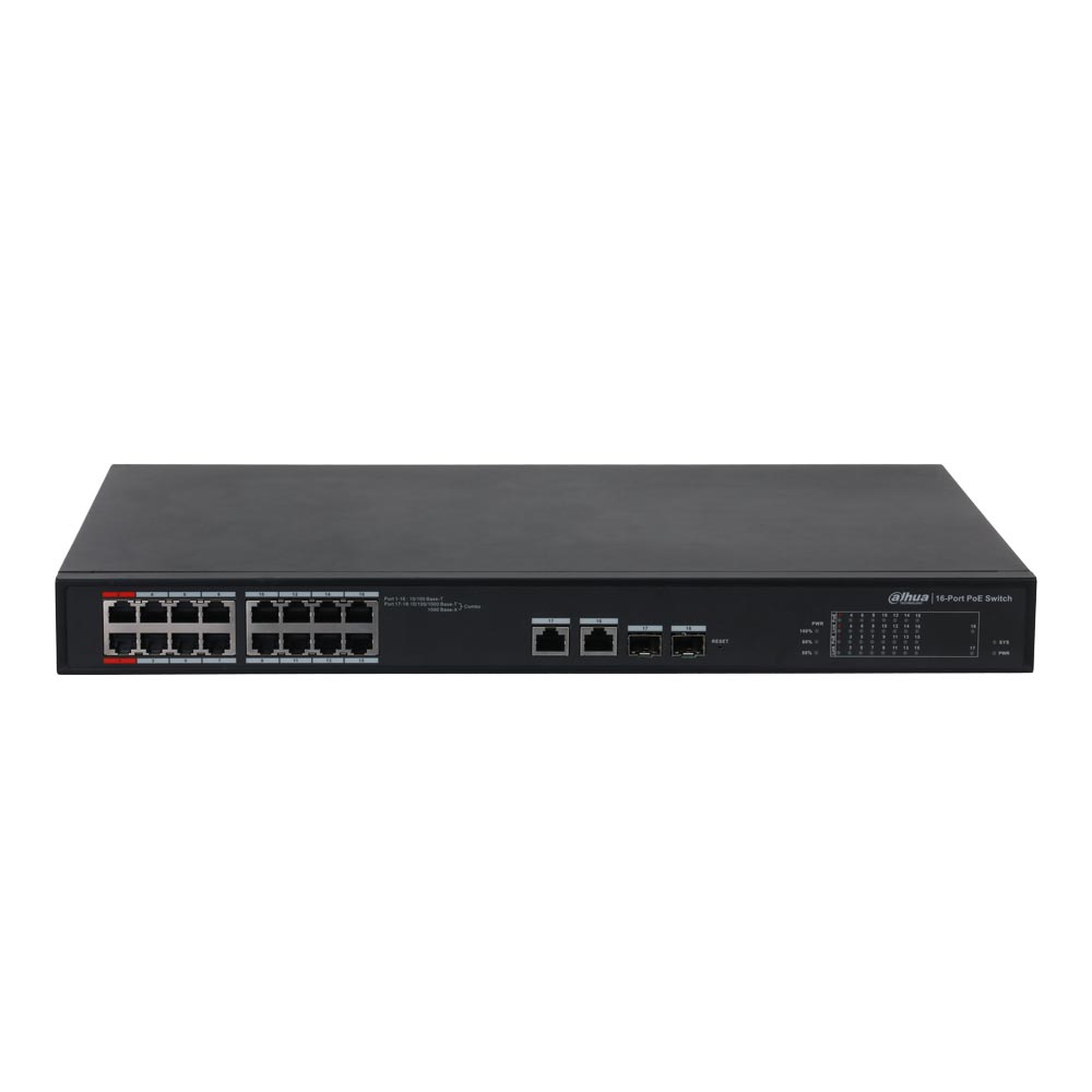 Ein schwarzer 16-Port PoE-Switch der Marke Dahua mit mehreren Ethernet-Ports und LED-Anzeigen auf der Vorderseite.