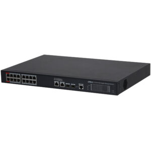 Schwarzer, flacher 16-Port PoE Gigabit Managed Switch auf weißem Hintergrund mit mehreren Netzwerkanschlüssen und LED-Anzeigen auf der Vorderseite.