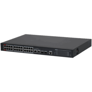Ein schwarzer Netzwerk-Switch mit mehreren Ethernet-Ports auf der Vorderseite.