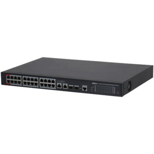 Ein 24-Port-PoE-Gigabit-Managed-Switch von Dahua mit einer Vielzahl von Ethernet-Ports und zusätzlichen Netzwerkanschlüssen auf der Vorderseite in einem schwarzen Gehäuse.