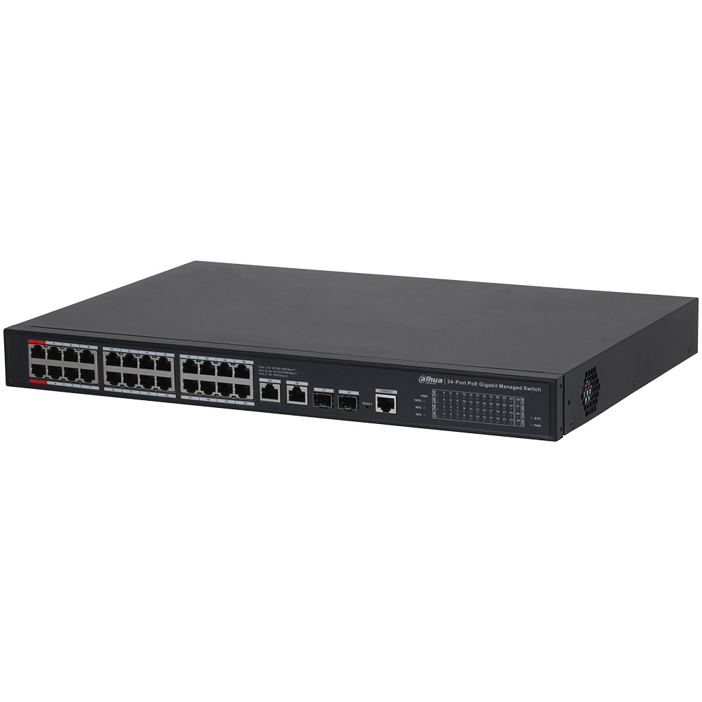 Ein 24-Port-PoE-Gigabit-Managed-Switch von Dahua mit einer Vielzahl von Ethernet-Ports und zusätzlichen Netzwerkanschlüssen auf der Vorderseite in einem schwarzen Gehäuse.