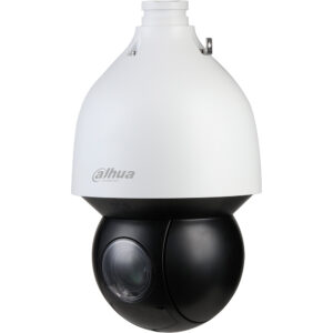 Eine Dome-Sicherheitskamera von Dahua Technology mit einem weißen Gehäuse und einer schwarzen, kuppelartigen Struktur.