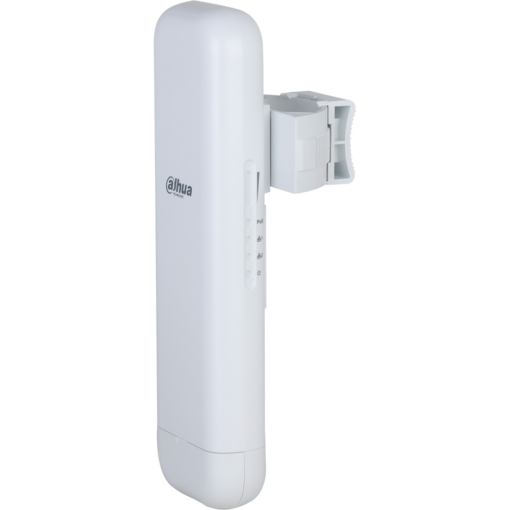 Ein weißes, längliches Gerät von Dahua Technology, das mit einer Halterung an der Seite ausgestattet ist, möglicherweise ein Überwachungskamerazubehör.