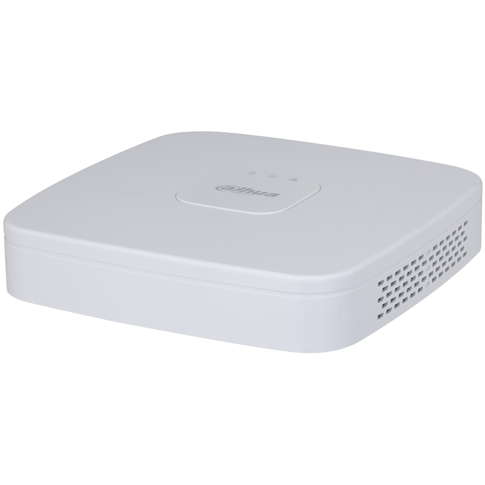 Ein weißer, quadratischer Netzwerkrekorder mit abgerundeten Kanten und Lüftungsschlitzen an den Seiten, auf der Oberseite mit einem Logo und mehreren Status-LEDs versehen.