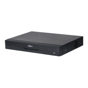 Ein schwarzer, rechteckiger Netzwerkvideorekorder (NVR) der Marke Dahua, mit einer glatten Oberfläche und einem USB-Anschluss an der Vorderseite.