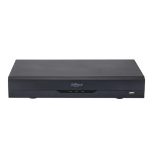 Ein schwarzer NVR von Dahua Technology mit einem flachen, rechteckigen Design, auf dessen Vorderseite Indikatoren und ein USB-Anschluss zu sehen sind.