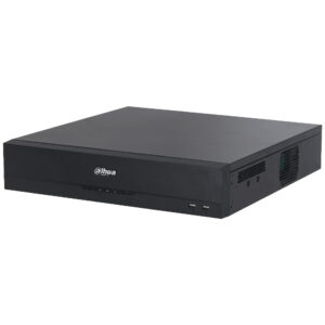 Ein schwarzer NVR (Network Video Recorder) von Dahua mit mehreren Lüftungsschlitzen und Anschlüssen an der Vorderseite.
