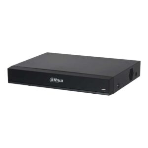 Schwarzer Netzwerkvideorekorder von Dahua mit flachem Design und einem USB-Anschluss an der Vorderseite.