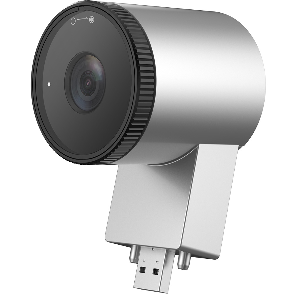 Silberne Webcam mit rundem Objektiv und USB-Anschluss an der Unterseite.