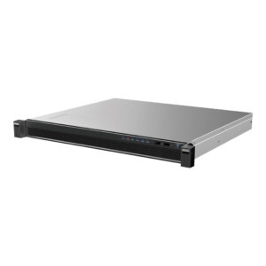 Ein flacher, silberfarbener Rackmount-Server mit mehreren USB-Anschlüssen und Status-LEDs auf der Frontblende, geeignet für die Montage in einem Server-Rack.
