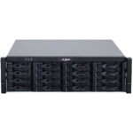 Ein schwarzer Server mit mehreren Einschüben an der Vorderseite, gekennzeichnet mit einem Logo in der Mitte.