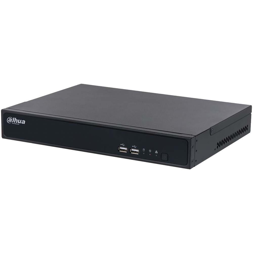 Ein schwarzer Digital Video Recorder (DVR) der Marke Dahua mit zwei USB-Anschlüssen auf der Vorderseite.