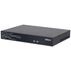 Ein schwarzer Dahua Netzwerkvideorekorder mit dem Firmenlogo auf der Vorderseite, multiple USB-Anschlüsse und ein modernes, schickes Linienmuster links.