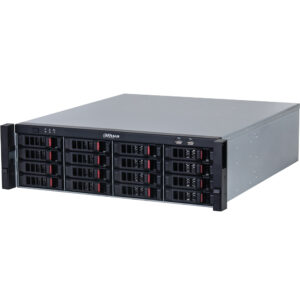 Ein silbernes Servergehäuse von Dahua mit mehreren Festplattenschächten und zwei USB-Anschlüssen auf der Vorderseite.