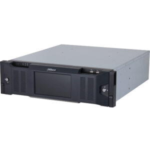 Ein graues Rackmount-Server-Gehäuse mit einem schwarzen Frontpanel, das einen kleinen Bildschirm und mehrere Anschlüsse sowie Lüftungsschlitze und ein Schloss enthält.