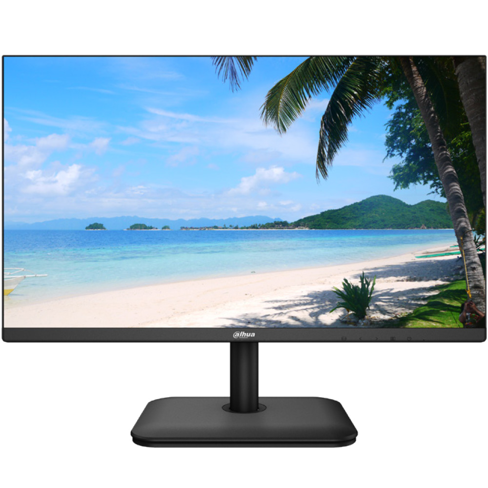 Ein Monitor mit einem Bild von einem tropischen Strand mit Palmen, weißem Sand und türkisfarbenem Wasser auf dem Bildschirm.