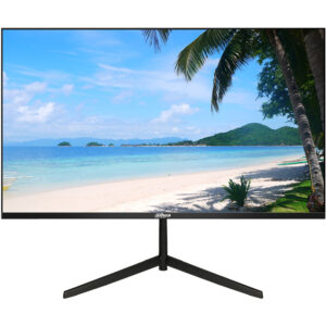 Ein Monitor zeigt ein tropisches Strandbild mit weißem Sand, Palmen und klarem blauen Wasser unter einem sonnigen Himmel.