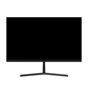 Ein moderner, schwarzer Computermonitor mit schlankem Rahmen und einem flachen Standfuß.