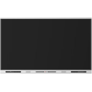 Ein großes, modernes interaktives Whiteboard oder Display mit einem dunklen Bildschirm, silbernem Rahmen und Bedienelementen an der Unterseite.