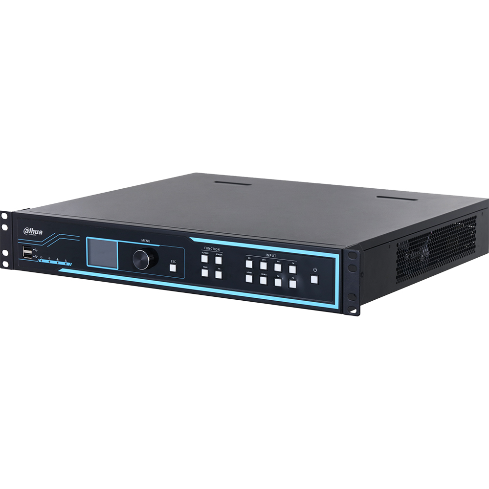 Ein schwarzer Rackmount-Server mit einer blauen Bedienoberfläche, mehreren Knöpfen und einem Drehregler auf der Vorderseite; Markenlogo oben links.