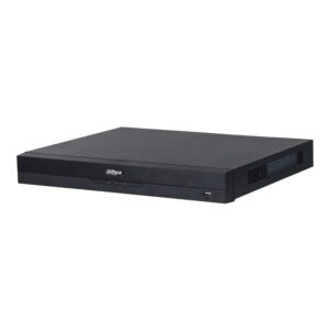 Ein schwarzer Digitalvideorekorder (DVR) von Dahua mit einem flachen Design und seitlichen Lüftungsschlitzen, platziert auf einem weißen Hintergrund.