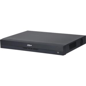 Ein schwarzer DVR von Dahua mit USB-Anschluss und Lüftungsschlitzen an der Seite.