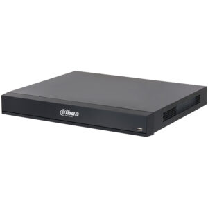 Ein schwarzer Netzwerkvideorekorder von Dahua Technology mit einer USB-Buchse an der Vorderseite und Lüftungsschlitzen auf der Seite.