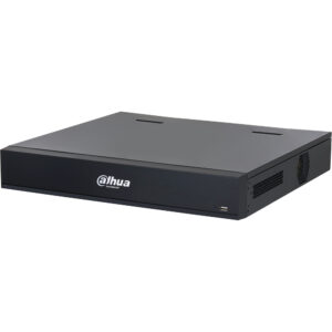 Ein schwarzer Dahua Technologie-Videorecorder mit eckigem Design und Lüftungsschlitzen an den Seiten.