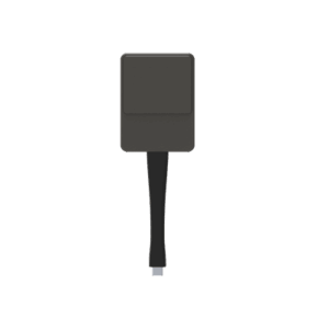 Ein schwarzes Ladegerät mit rechteckigem Gehäuse und USB-Kabel.