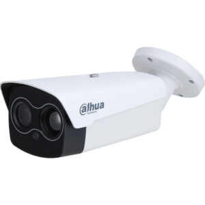 Weiße CCTV-Kamera von Dahua mit schwarzer Front und zwei Objektiven, montiert auf einer Halterung.