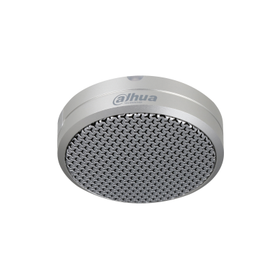 Ein kreisförmiger Lautsprecher mit einem silbernen Gehäuse und einem Gittermuster auf der Vorderseite, markiert mit dem Logo von 'Dahua'.