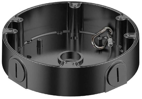 Ein schwarzes, rundes Gehäuse mit Kabeldurchführungen und einem integrierten Karabinerhaken im Inneren.