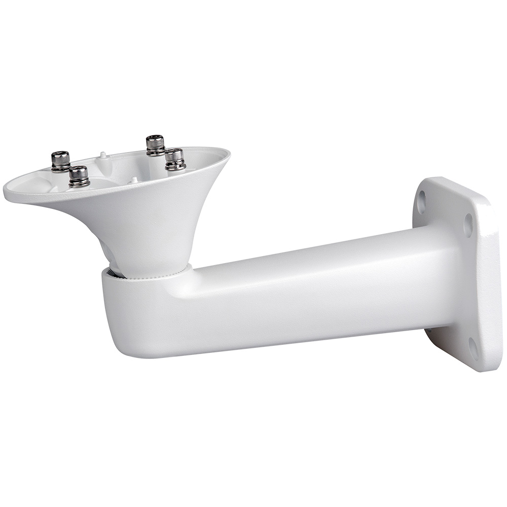 Weiße Wandhalterung für Überwachungskamera mit Montageschrauben.