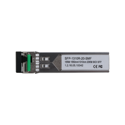 Ein SFP-Modul mit der Bezeichnung SFP-1310R-20-SMF, geeignet für 155M/1550nm/1310nm BIDI SFP Verbindungen über eine Entfernung von 20 km.