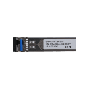 Ein SFP-Modul mit der Aufschrift "SFP-1310T-20-SMF," geeignet für 20 km Entfernung und 155M 1310nm/1550nm BIDI SFP.