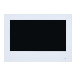 Weißer digitaler Bilderrahmen mit schwarzem Display vor weißem Hintergrund.