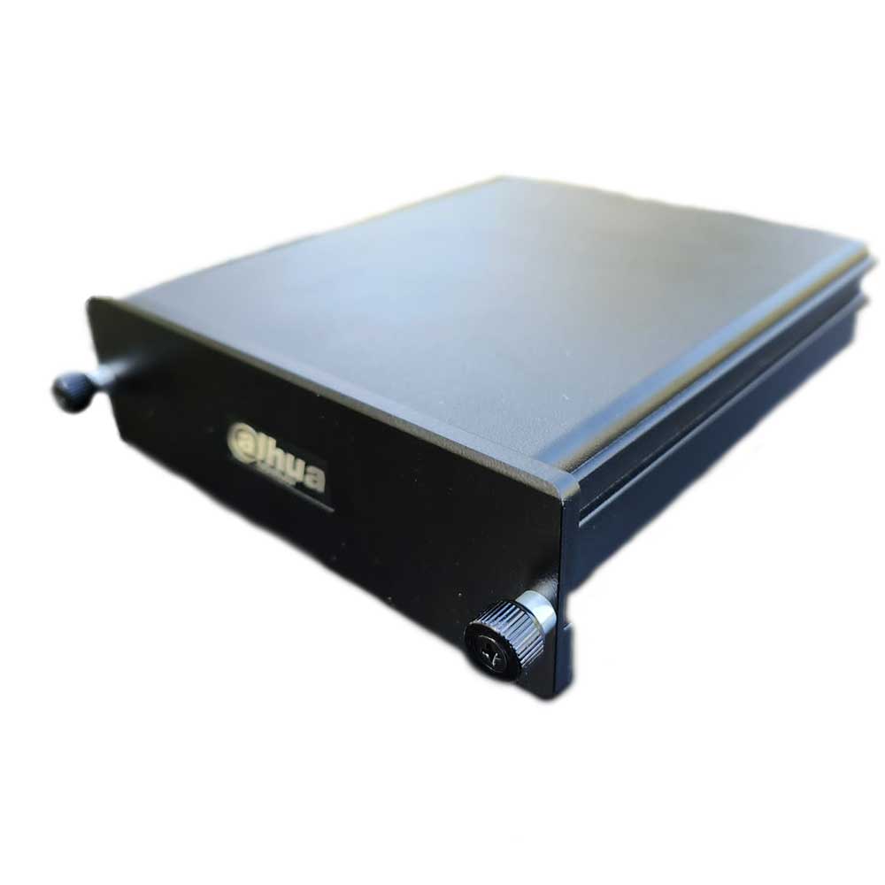 Schwarzes Gehäuse eines Dahua-Geräts mit einem Drehknopf an der Seite.