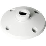Runder, weißer Deckenhalter mit zentralem Gewindeloch und drei Befestigungsöffnungen am Rand.