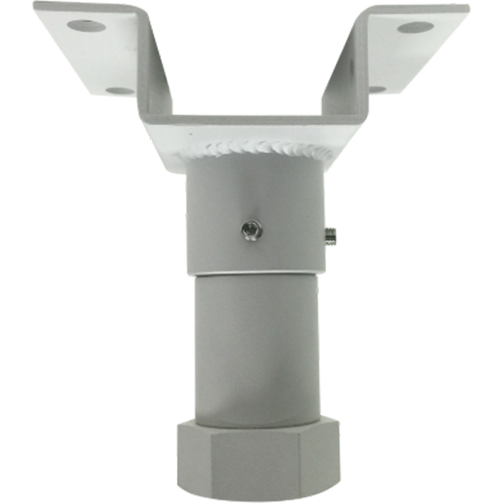 Graue Metallhalterung mit U-förmigem oberen Teil und Rundrohr, das mit einer Schraube verbunden ist.