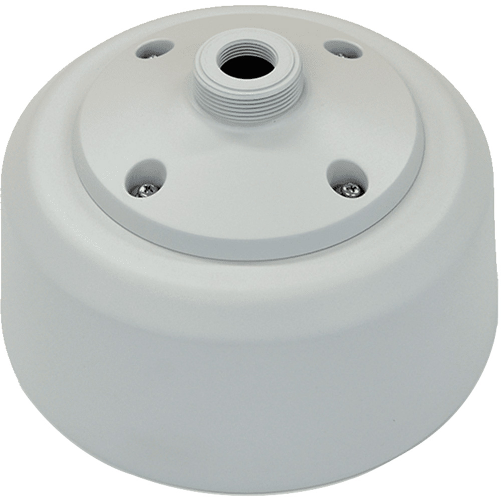 Weiße runde Anschlussdose mit vier Schraubenlöchern oben und einem mittigen Gewindeanschluss.