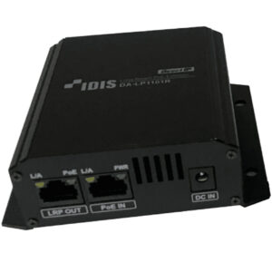 Schwarzes Netzwerkgerät der Marke IDIS mit Anschlüssen für LRP Out und PoE In sowie einem DC-In Eingang, Modell DA-LP1101R.