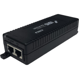 Ein schwarzer Power-over-Ethernet-Injektor mit zwei Ethernet-Anschlüssen an der Vorderseite und einer Aufschrift auf der Oberseite.