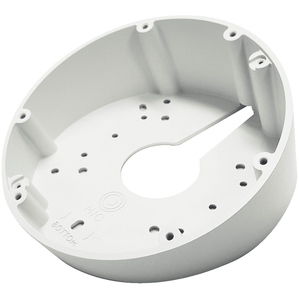 Eine runde, weiße Halterung mit mehreren Schraubenlöchern, geeignet für die Befestigung von Sicherheitskameras oder ähnlichen Geräten.