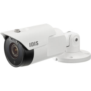Überwachungskamera von IDIS, weiß, mit zylindrischer Bauweise und verstellbarem Montagesockel.
