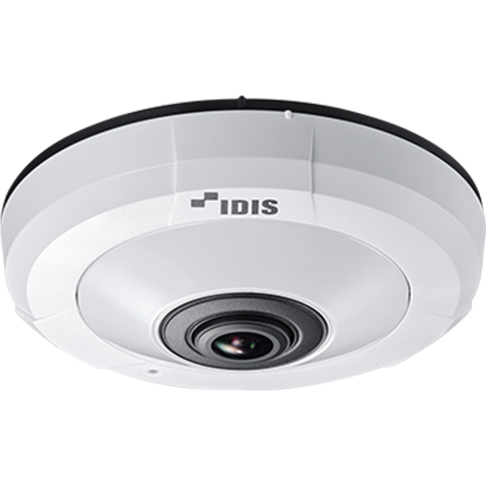 Kuppelförmige Überwachungskamera von IDIS mit einem zentralen Kameraobjektiv und einem weiß-grauen Gehäuse.