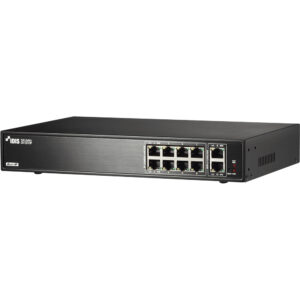 Ein schwarzer PoE-Switch mit acht Ethernet-Ports und zwei zusätzlichen Anschlüssen auf der Vorderseite.