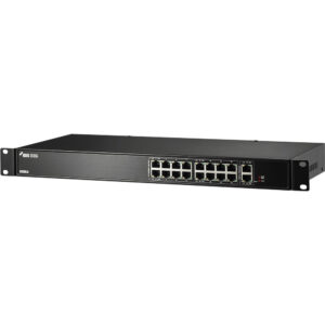 Ein schwarzer Netzwerk-Switch von IDIS mit 16 Ethernet-Ports in einem Rackmount-Design, geeignet für den Einsatz in IT-Infrastrukturen.