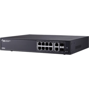 Ein schwarzer Netzwerk-Switch von IDIS mit mehreren Ethernet-Anschlüssen auf der Vorderseite.