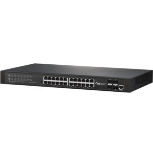 Ein schwarzer Netzwerk-Switch mit 24 Ethernet-Ports und zwei zusätzlichen Ports auf der rechten Seite.